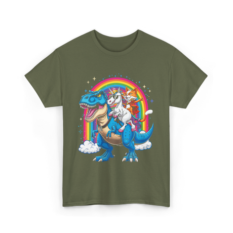 Cat Unicorn Riding Dinosaur Fantasy T-Shirt - Military Green