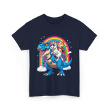 Cat Unicorn Riding Dinosaur Fantasy T-Shirt - Navy