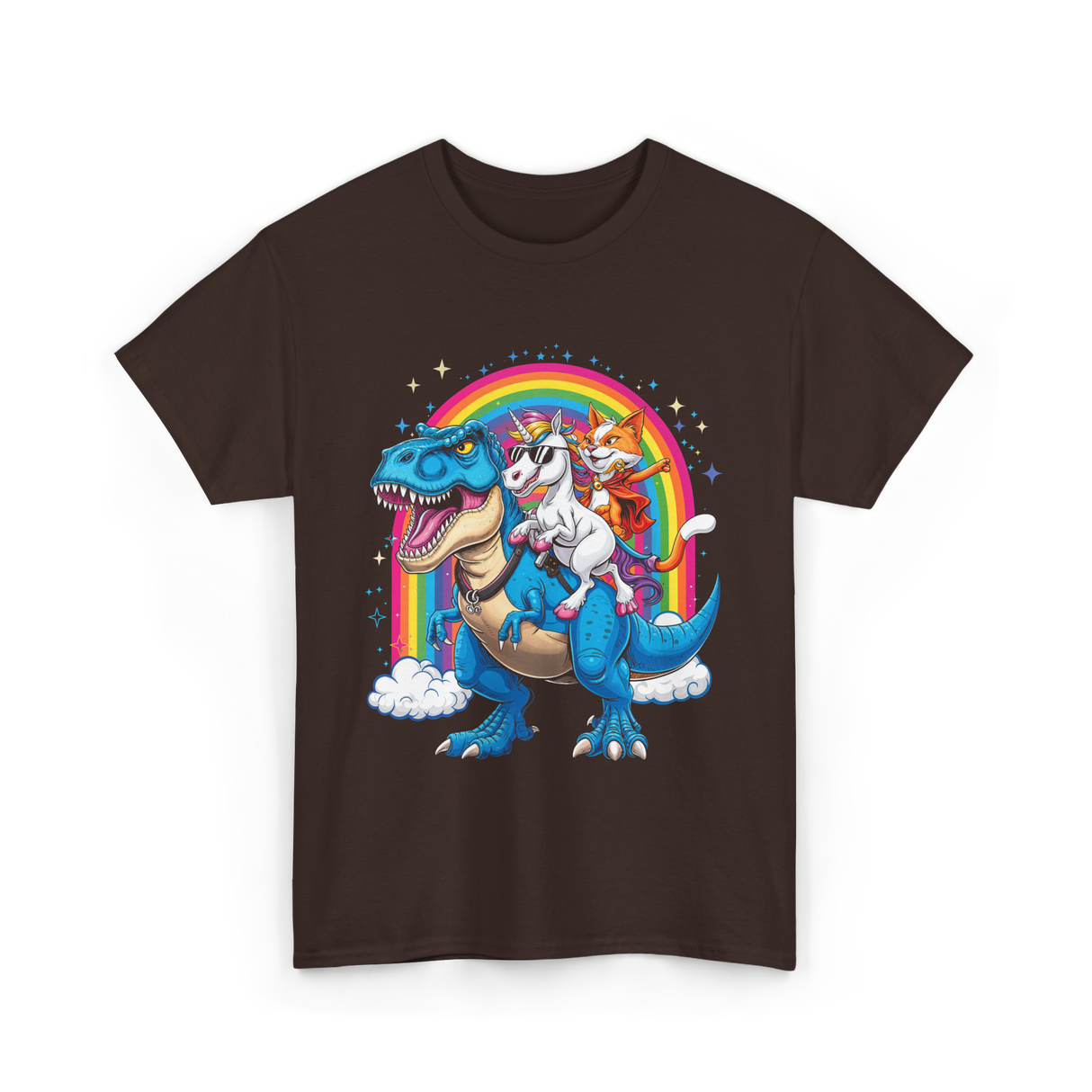 Cat Unicorn Riding Dinosaur Fantasy T-Shirt - Dark Chocolate