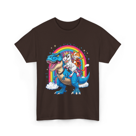 Cat Unicorn Riding Dinosaur Fantasy T-Shirt - Dark Chocolate