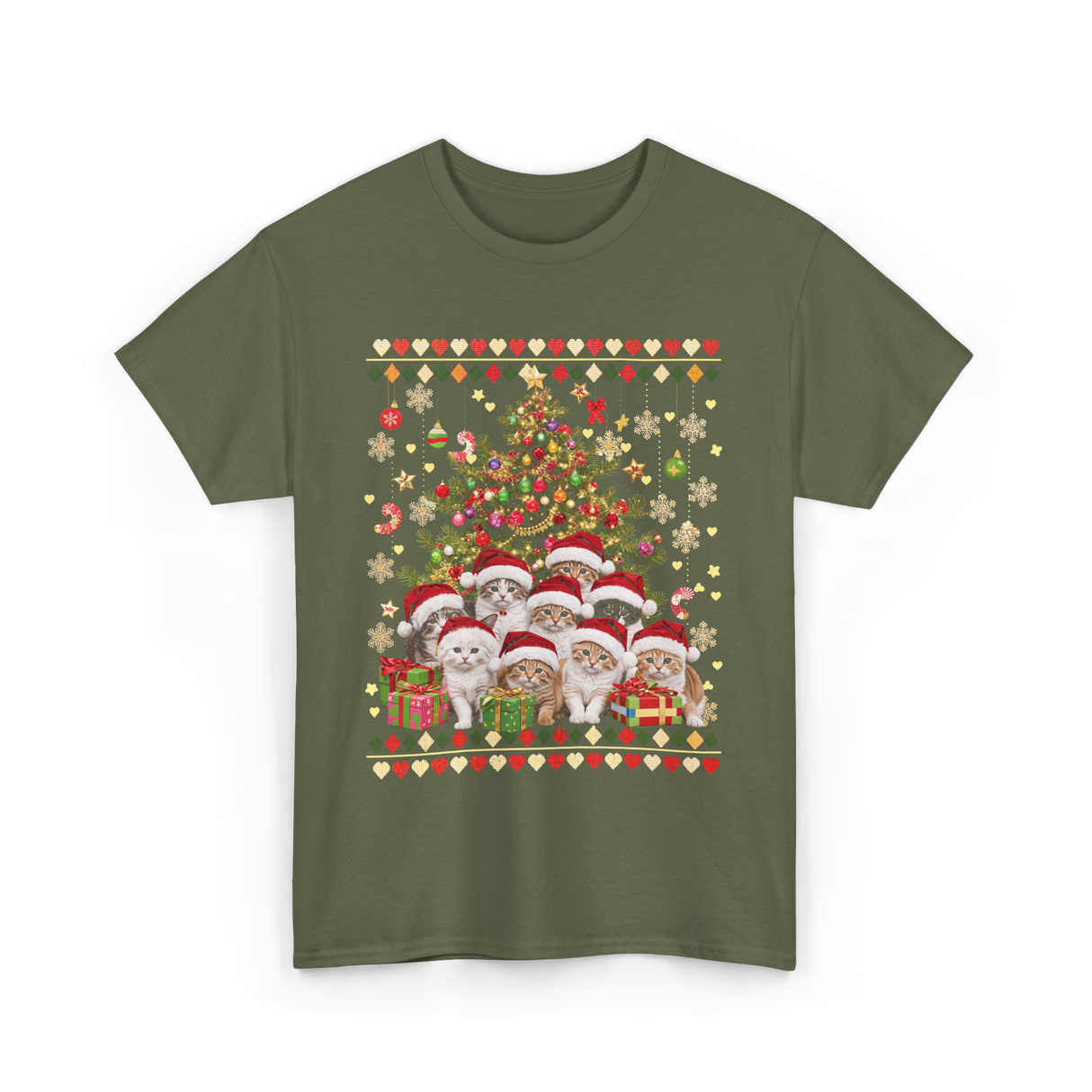 Cats Christmas Tree Cats T-Shirt - Military Green