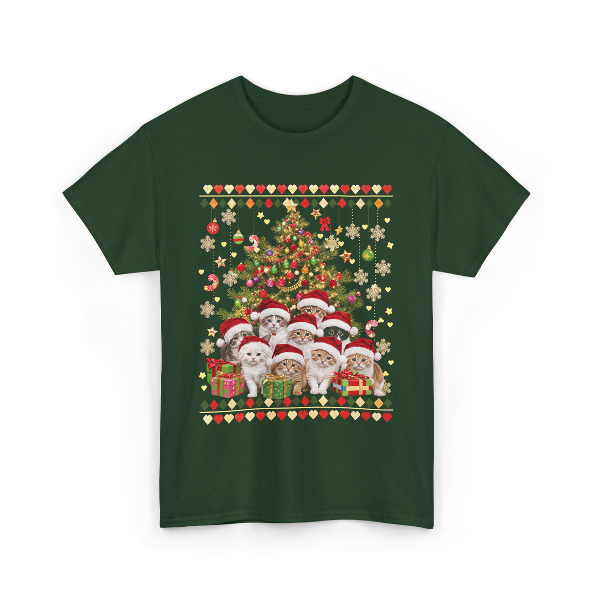 Cats Christmas Tree Cats T-Shirt - Forest Green