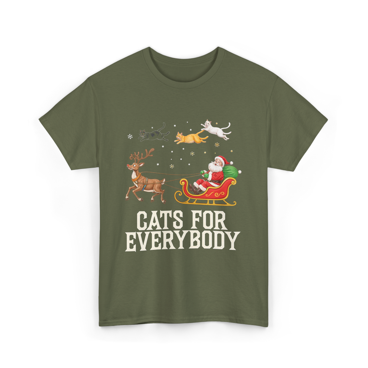 Cats For Everybody Christmas Cat T-Shirt - Military Green