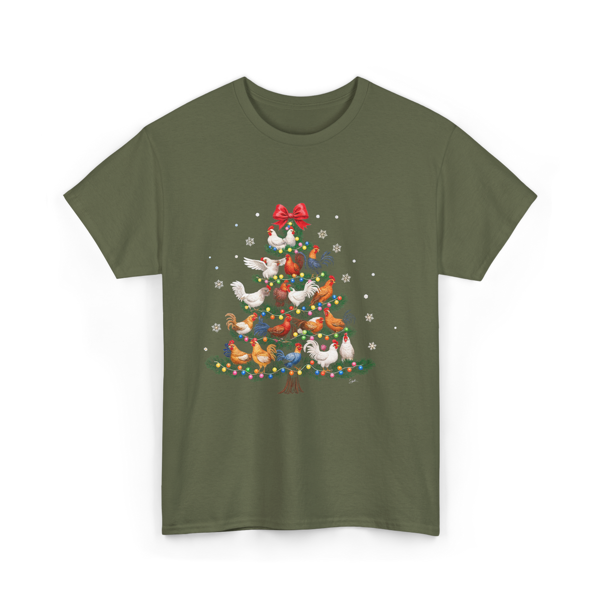 Chickens Christmas Tree Holiday Decor T-Shirt - Military Green