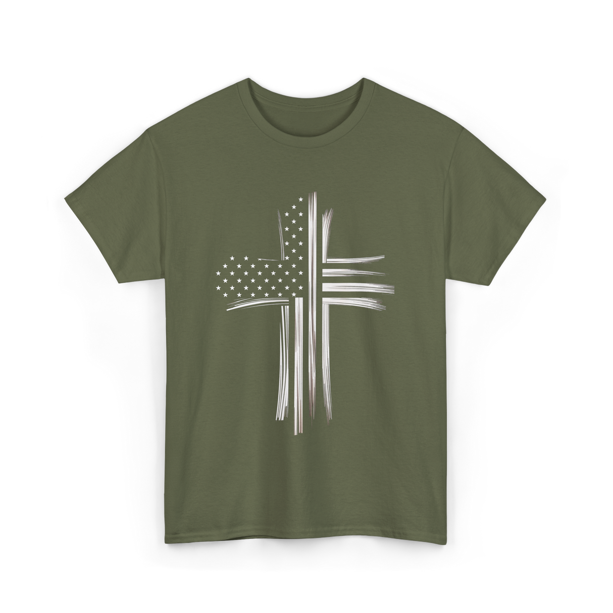 Christian Cross American Flag Patriot T-Shirt - Military Green