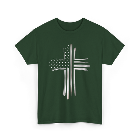 Christian Cross American Flag Patriot T-Shirt - Forest Green