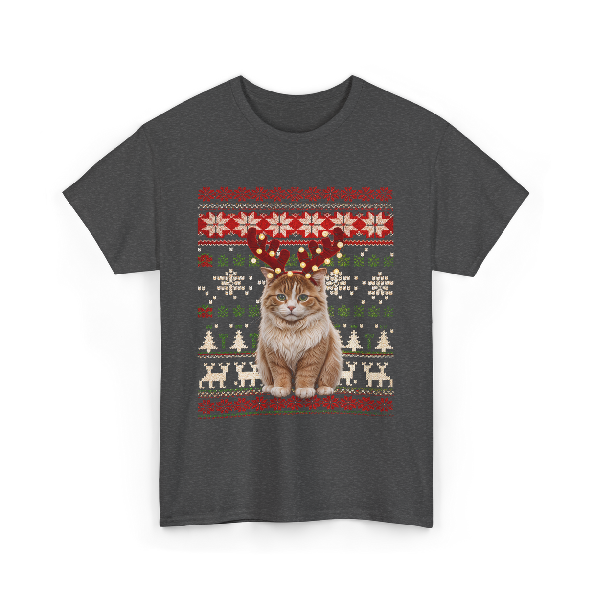 Christmas Cat Reindeer Cat Lover T-Shirt - Dark Heather