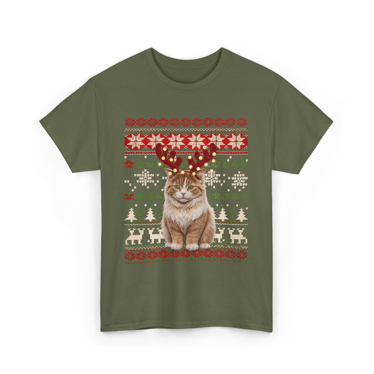 Christmas Cat Reindeer Cat Lover T-Shirt - Military Green