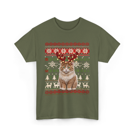 Christmas Cat Reindeer Cat Lover T-Shirt - Military Green