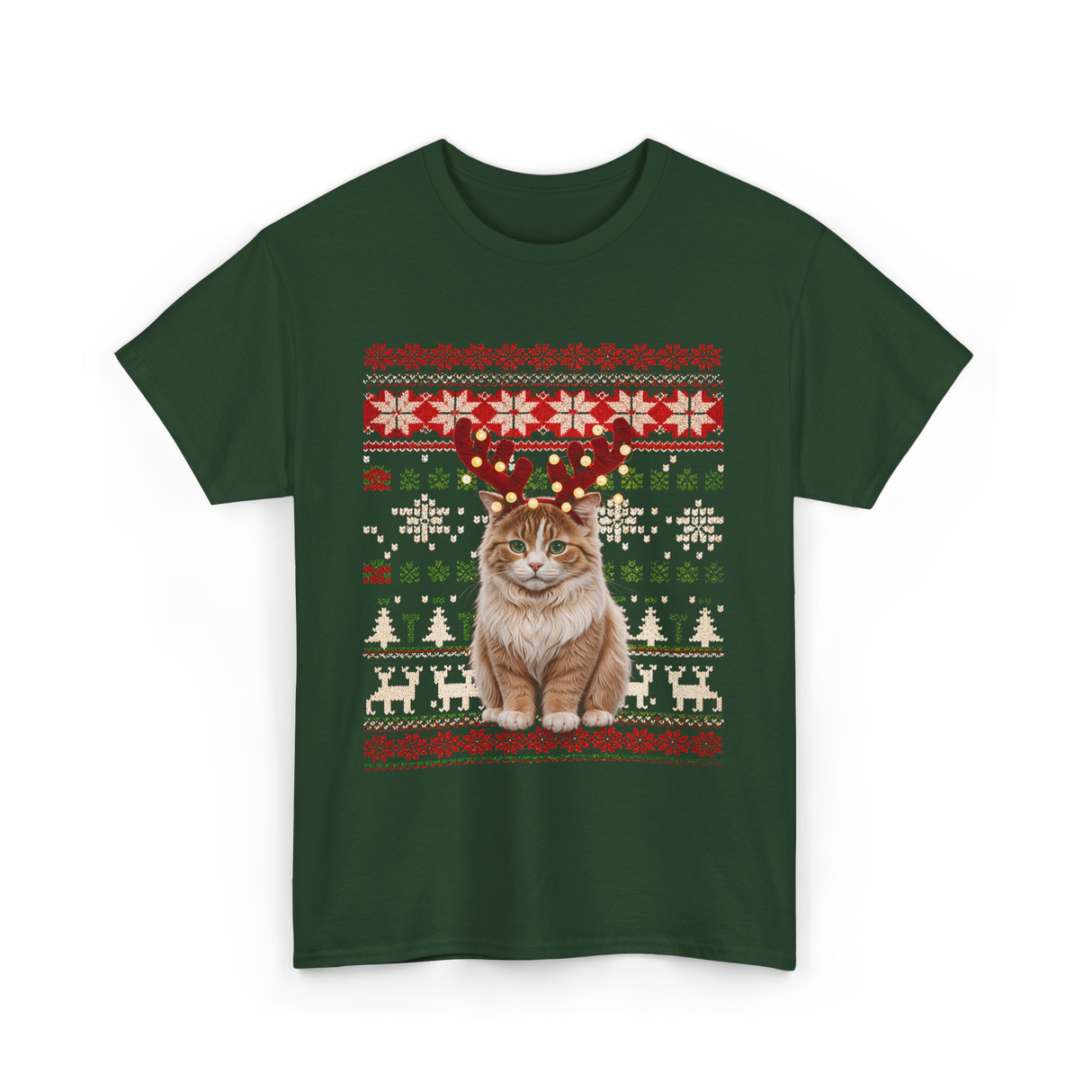 Christmas Cat Reindeer Cat Lover T-Shirt - Forest Green