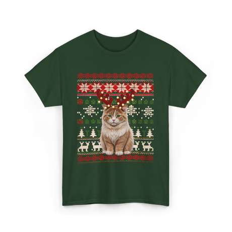 Christmas Cat Reindeer Cat Lover T-Shirt - Forest Green