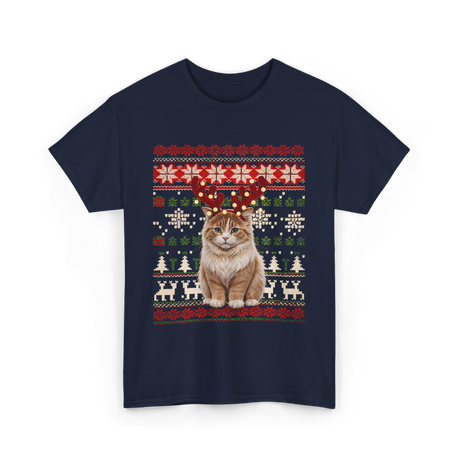 Christmas Cat Reindeer Cat Lover T-Shirt - Navy