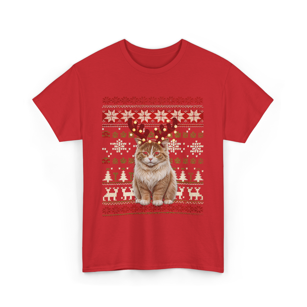 Christmas Cat Reindeer Cat Lover T-Shirt - Red