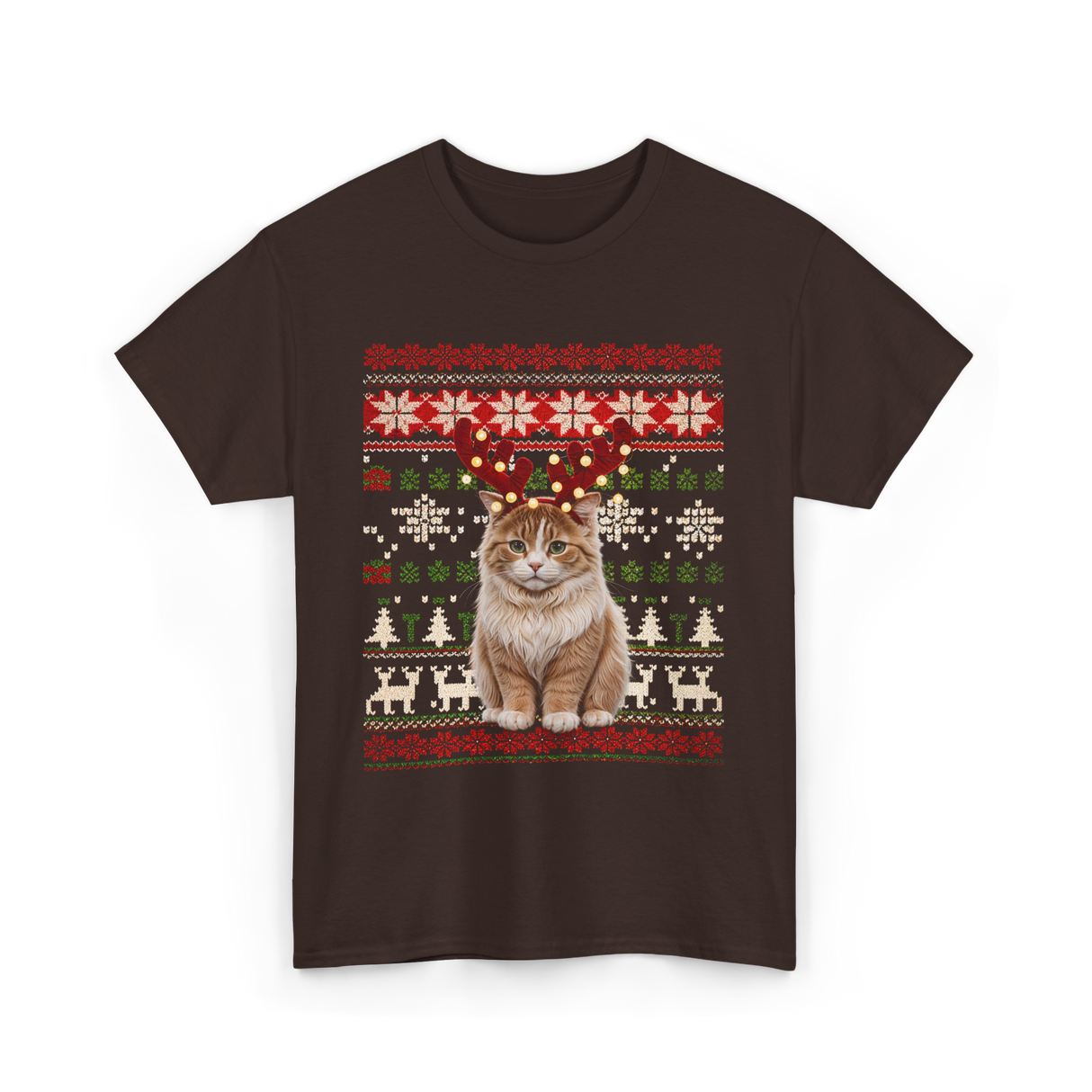 Christmas Cat Reindeer Cat Lover T-Shirt - Dark Chocolate