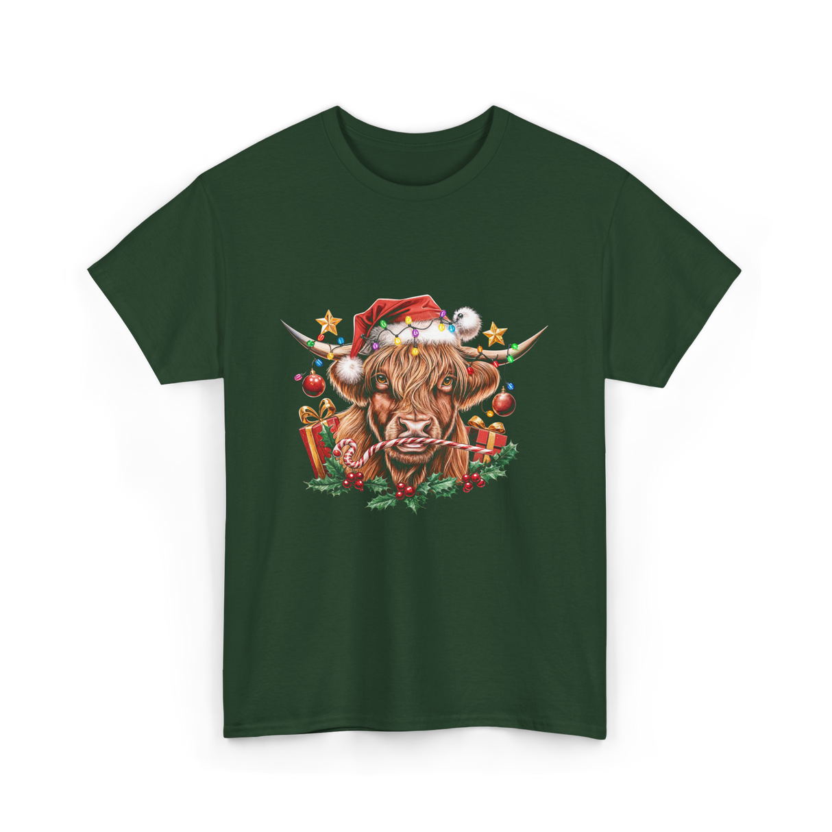 Christmas Cow Holiday Decor T-Shirt - Forest Green