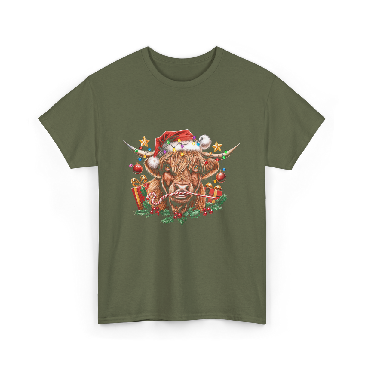 Christmas Cow Holiday Decor T-Shirt - Military Green