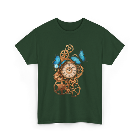 Clock Gear Butterfly Steampunk Design T-Shirt - Forest Green