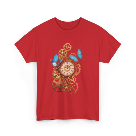 Clock Gear Butterfly Steampunk Design T-Shirt - Red