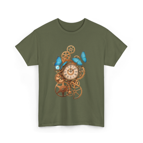 Clock Gear Butterfly Steampunk Design T-Shirt - Military Green