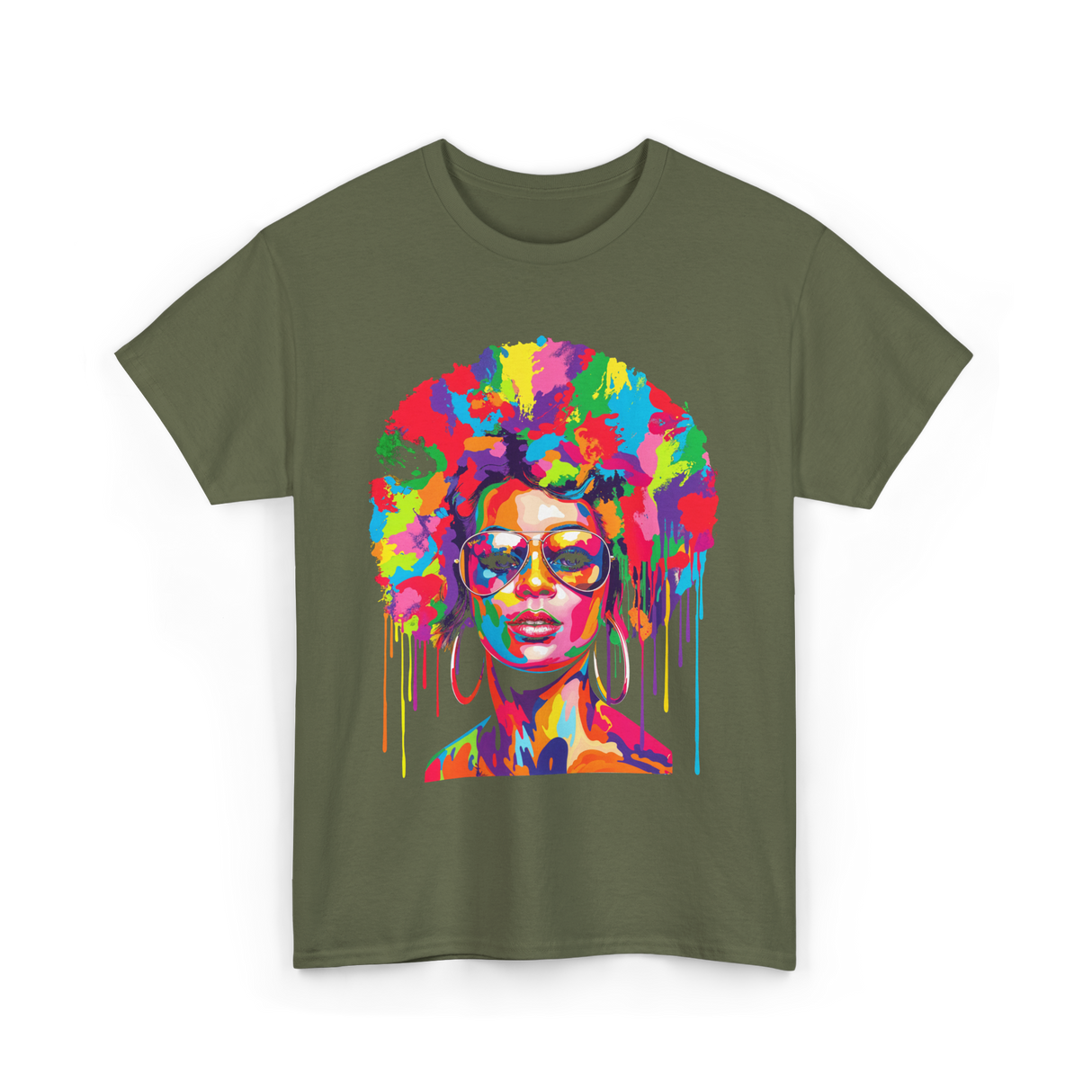 Colorful Afro Queen Afrocentric T-Shirt - Military Green