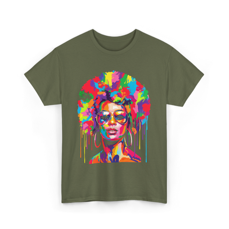 Colorful Afro Queen Afrocentric T-Shirt - Military Green