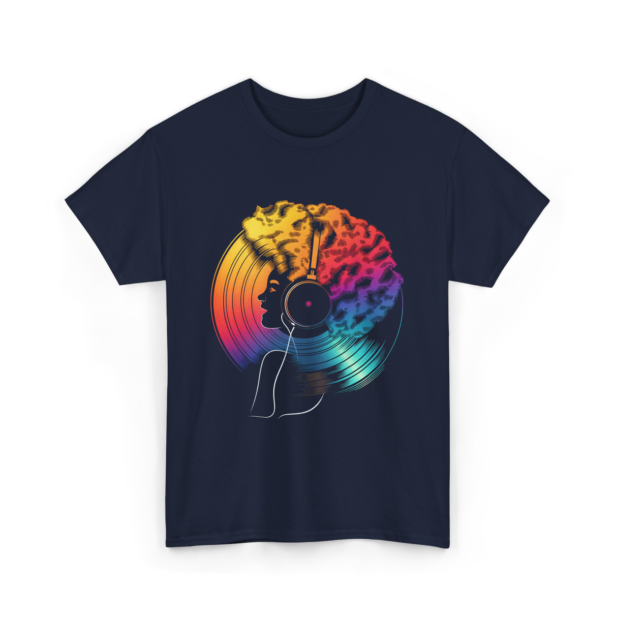 Colorful Afro Vinyl Music T-Shirt - Navy