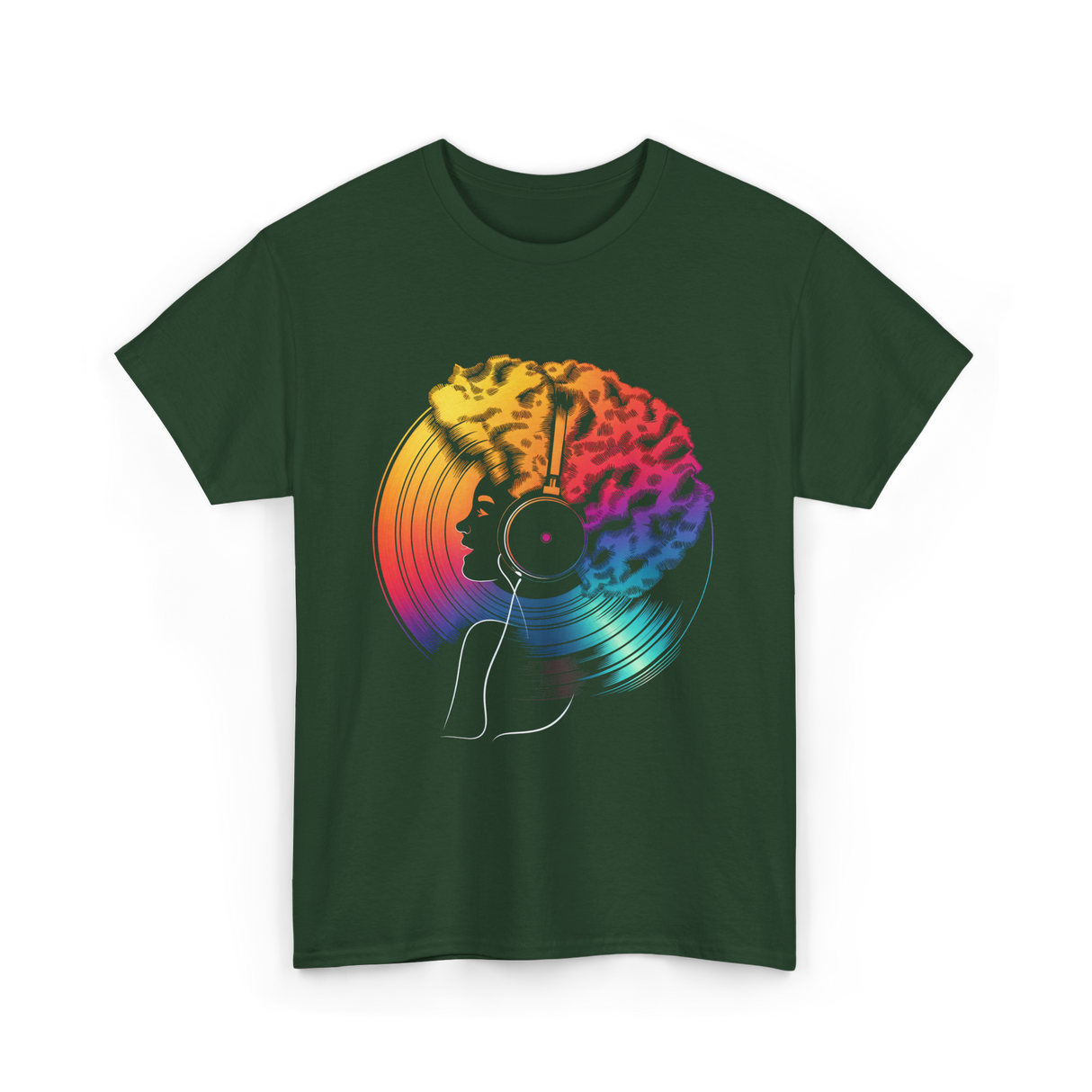 Colorful Afro Vinyl Music T-Shirt - Forest Green