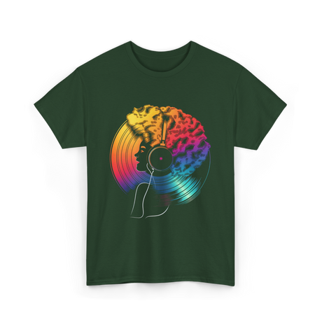 Colorful Afro Vinyl Music T-Shirt - Forest Green