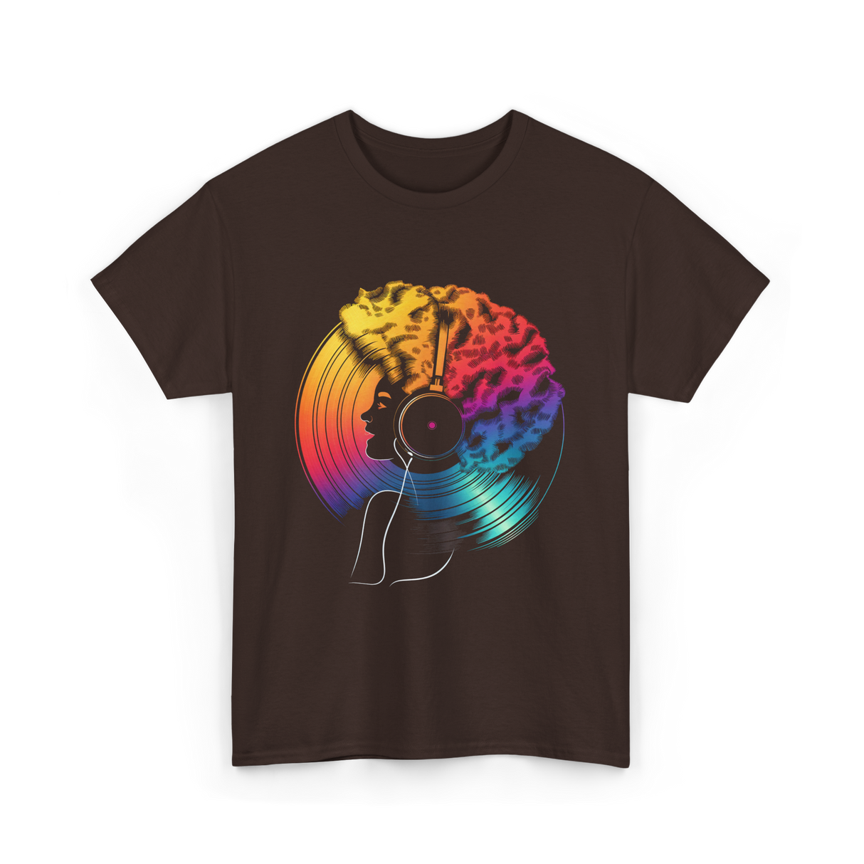 Colorful Afro Vinyl Music T-Shirt - Dark Chocolate