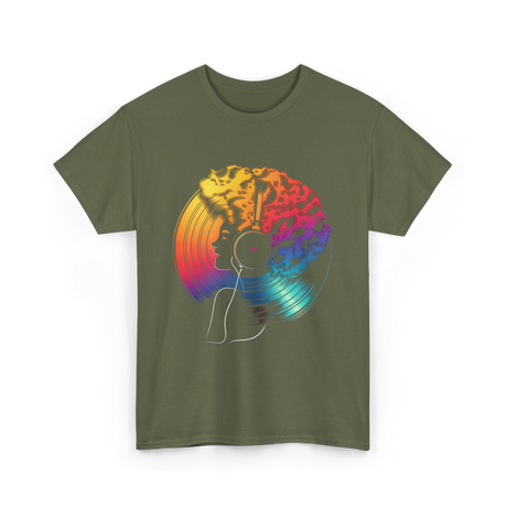 Colorful Afro Vinyl Music T-Shirt - Military Green