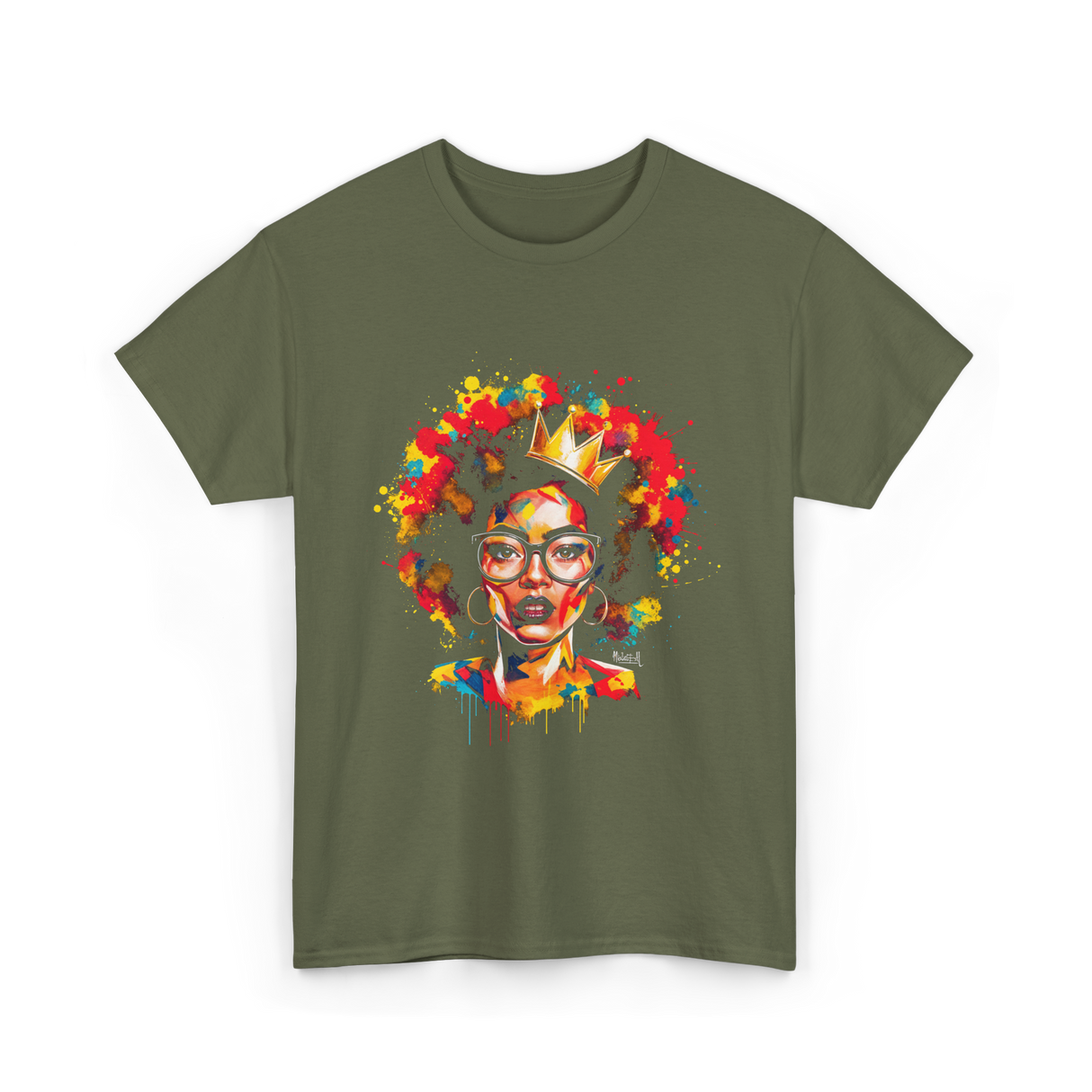 Colorful Art Black Queen Afro T-Shirt - Military Green