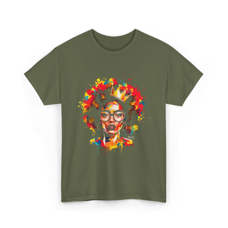 Colorful Art Black Queen Afro T-Shirt - Military Green