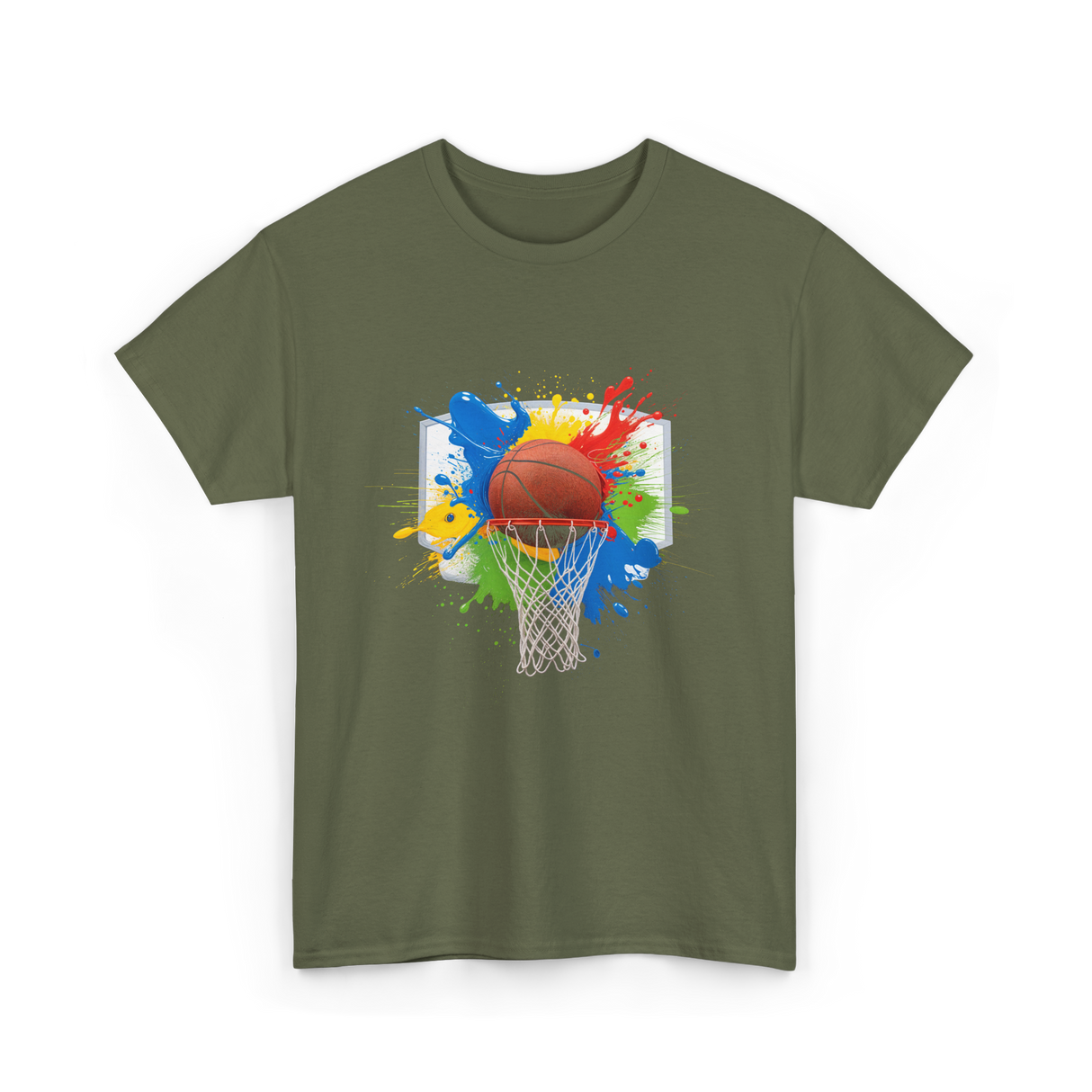 Colorful Basketball Splash Hoop Basketball T-Shirt - Military Green