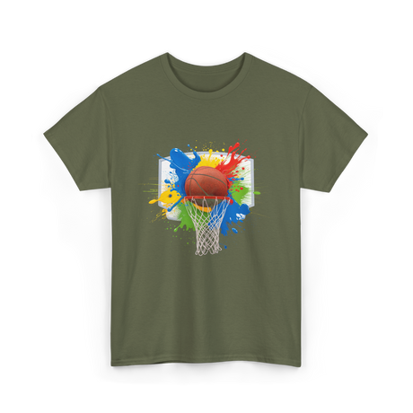 Colorful Basketball Splash Hoop Basketball T-Shirt - Military Green