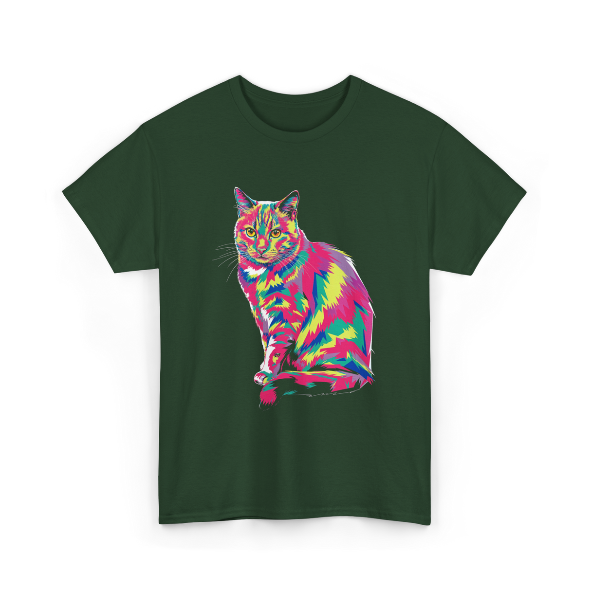 Colorful Cat Art Cat Lover T-Shirt - Forest Green