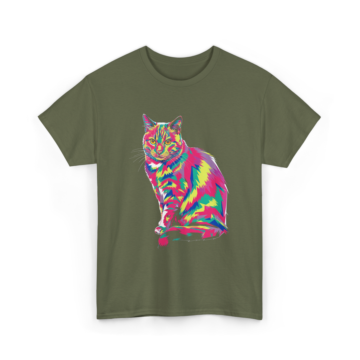 Colorful Cat Art Cat Lover T-Shirt - Military Green