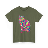 Colorful Cat Art Cat Lover T-Shirt - Military Green