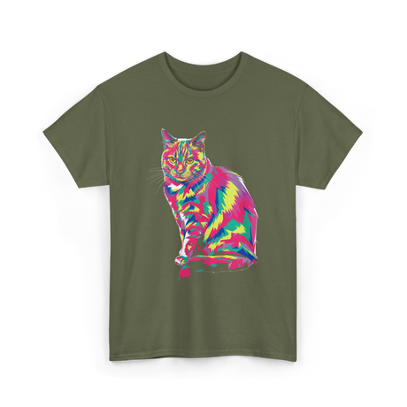 Colorful Cat Art Cat Lover T-Shirt - Military Green