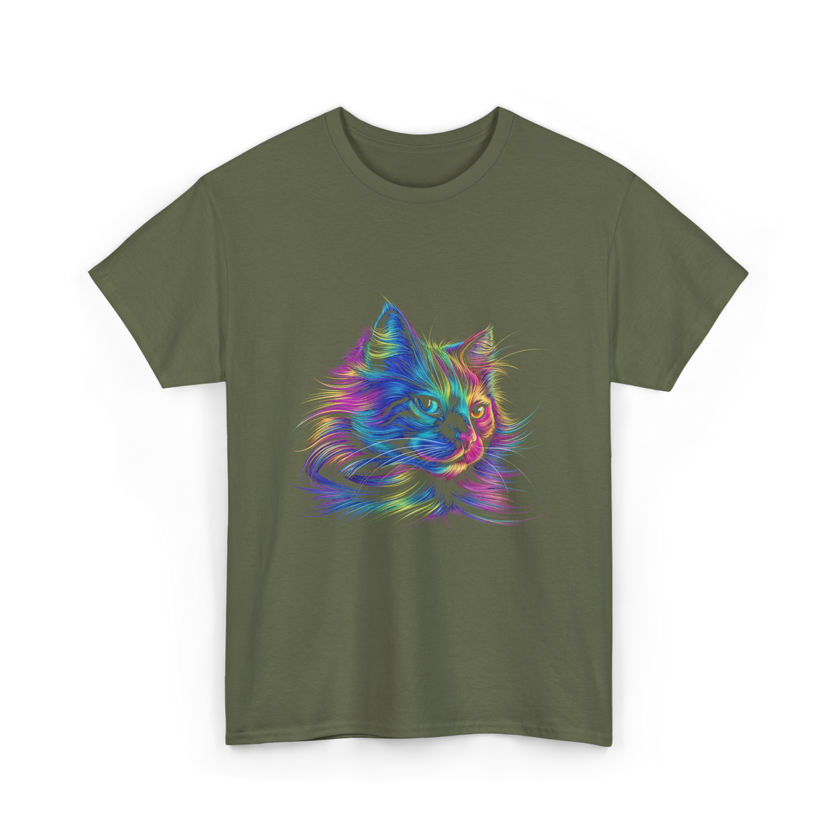 Colorful Cat Art Cat Lovers T-Shirt - Military Green