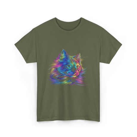 Colorful Cat Art Cat Lovers T-Shirt - Military Green