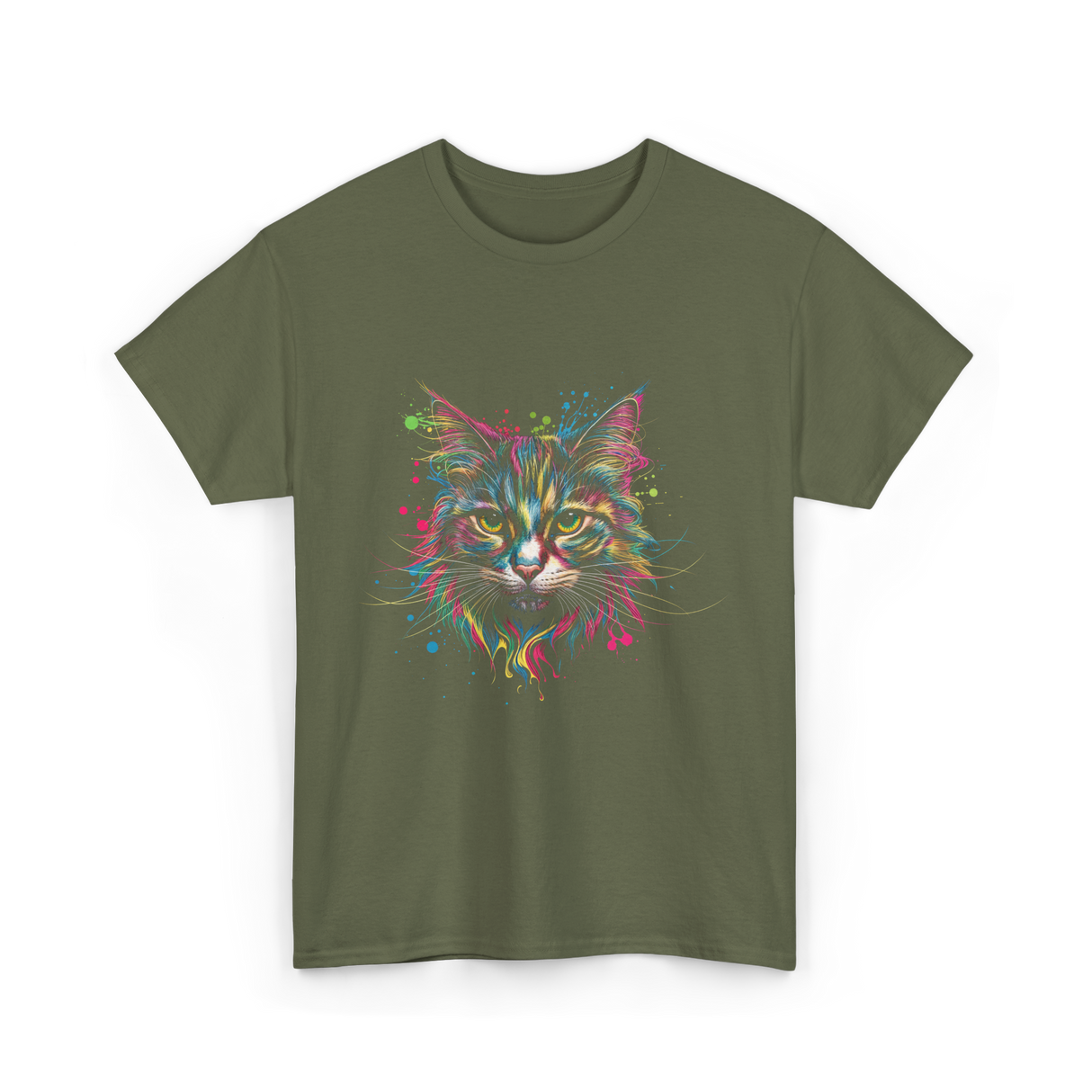 Colorful Cat Art Cat Lovers T-Shirt - Military Green