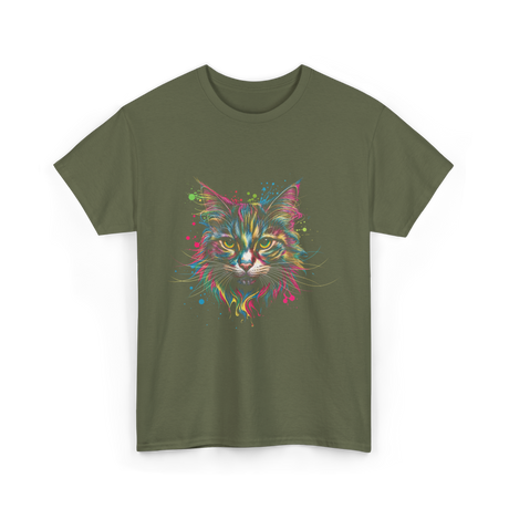 Colorful Cat Art Cat Lovers T-Shirt - Military Green