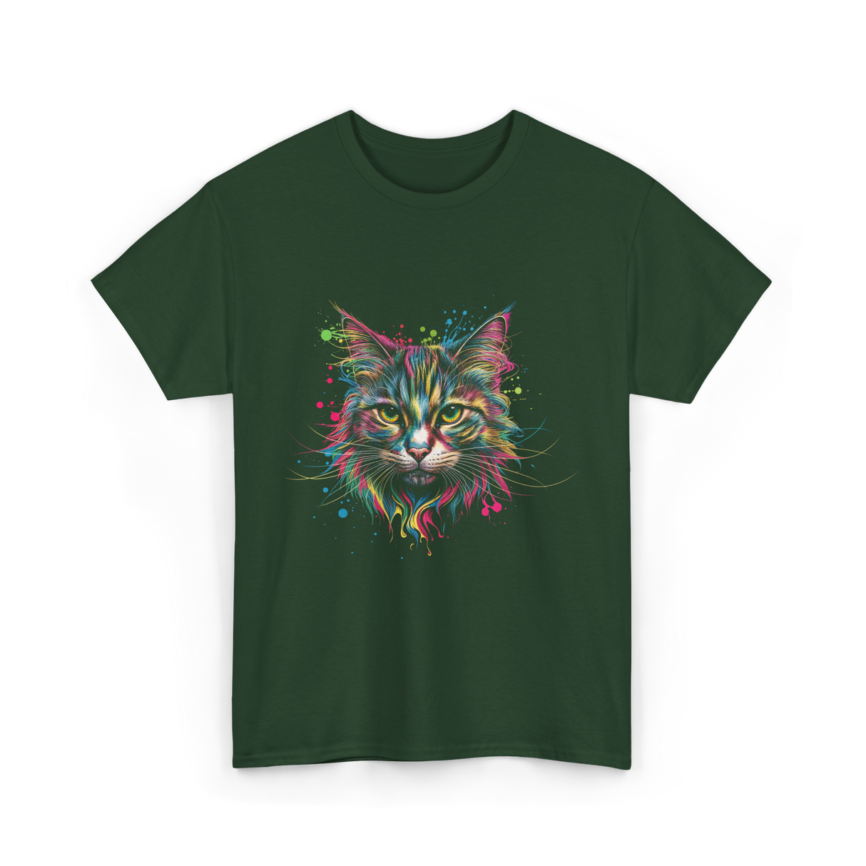 Colorful Cat Art Cat Lovers T-Shirt - Forest Green