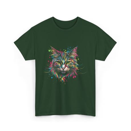 Colorful Cat Art Cat Lovers T-Shirt - Forest Green