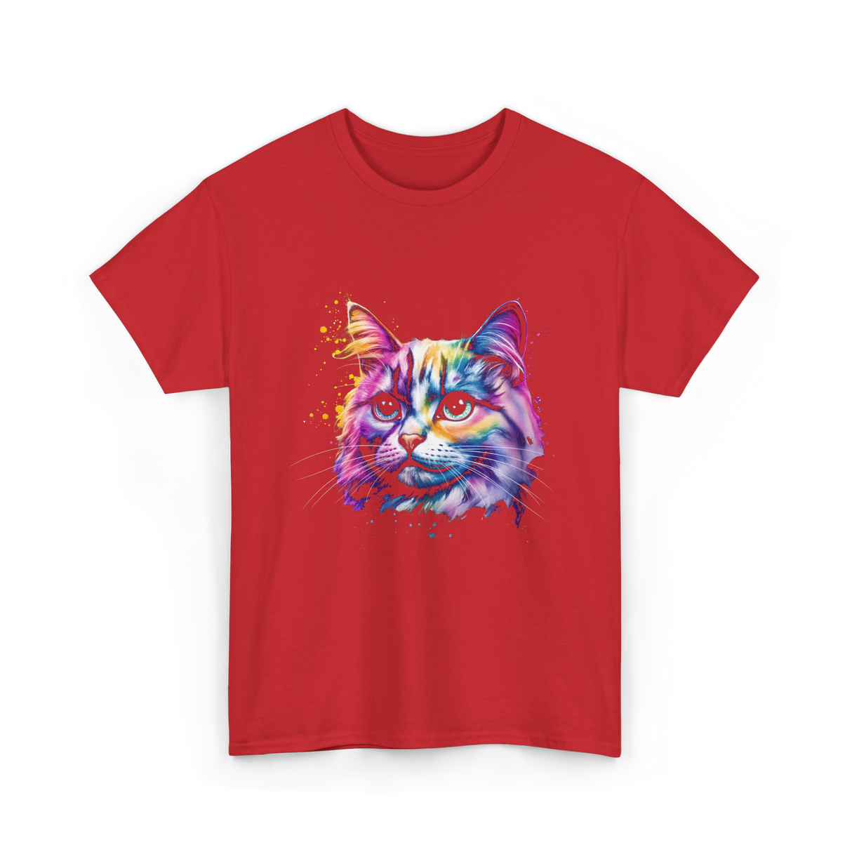 Colorful Cat Art Cat T-Shirt - Red