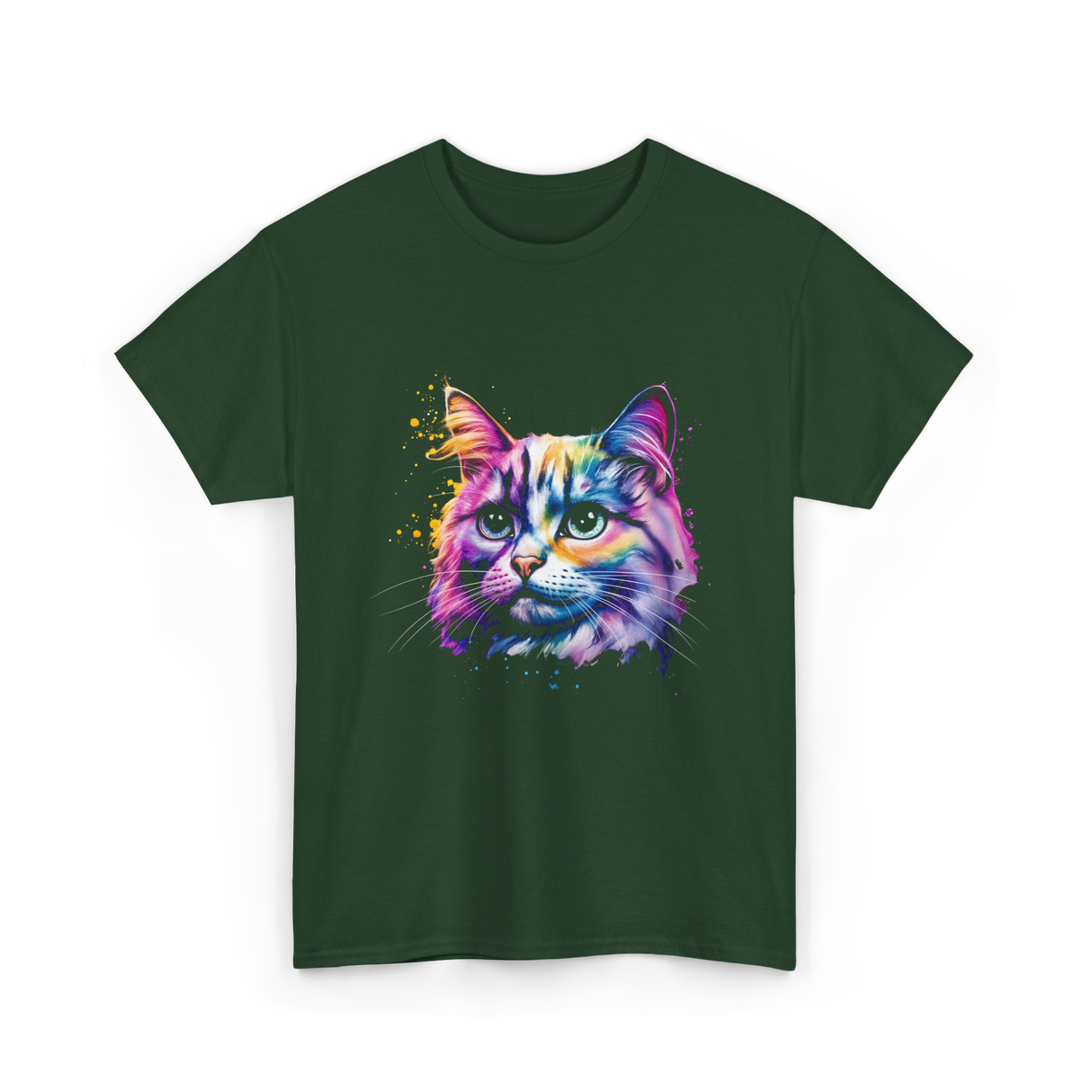 Colorful Cat Art Cat T-Shirt - Forest Green