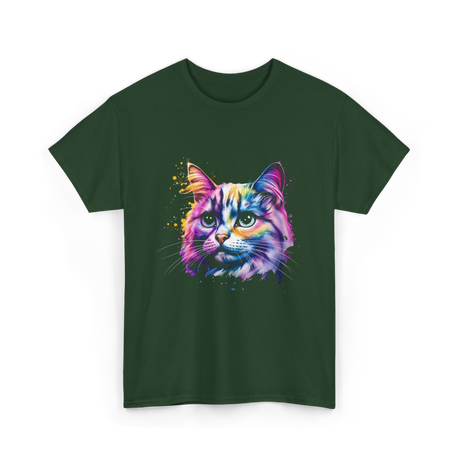 Colorful Cat Art Cat T-Shirt - Forest Green