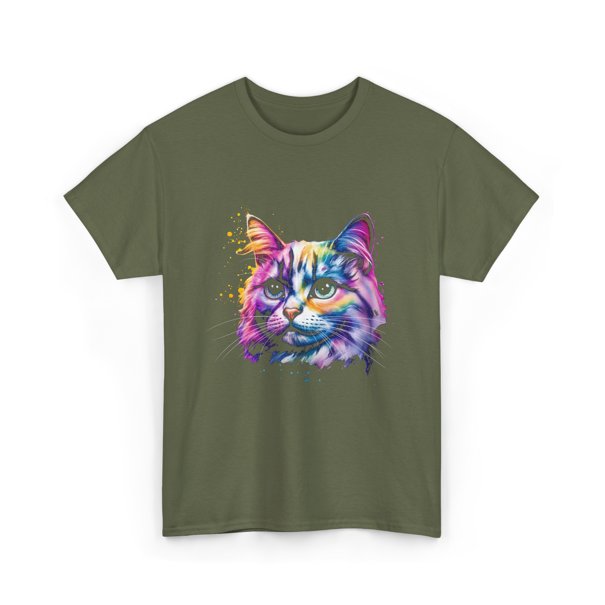 Colorful Cat Art Cat T-Shirt - Military Green