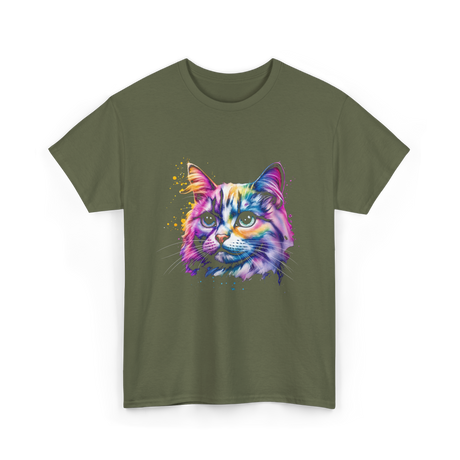 Colorful Cat Art Cat T-Shirt - Military Green