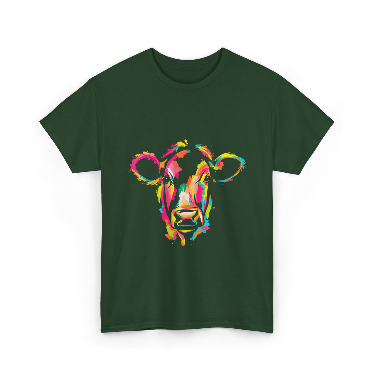 Colorful Cow Art Cow T-Shirt - Forest Green